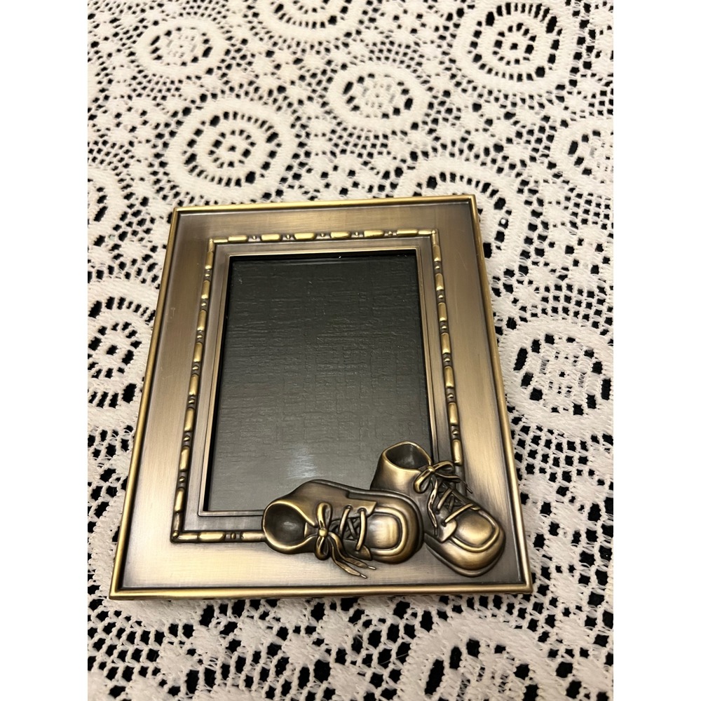 Vintange Bronze Tone Metal Baby Shoe Photo Pic Frame | Nursery Cottage